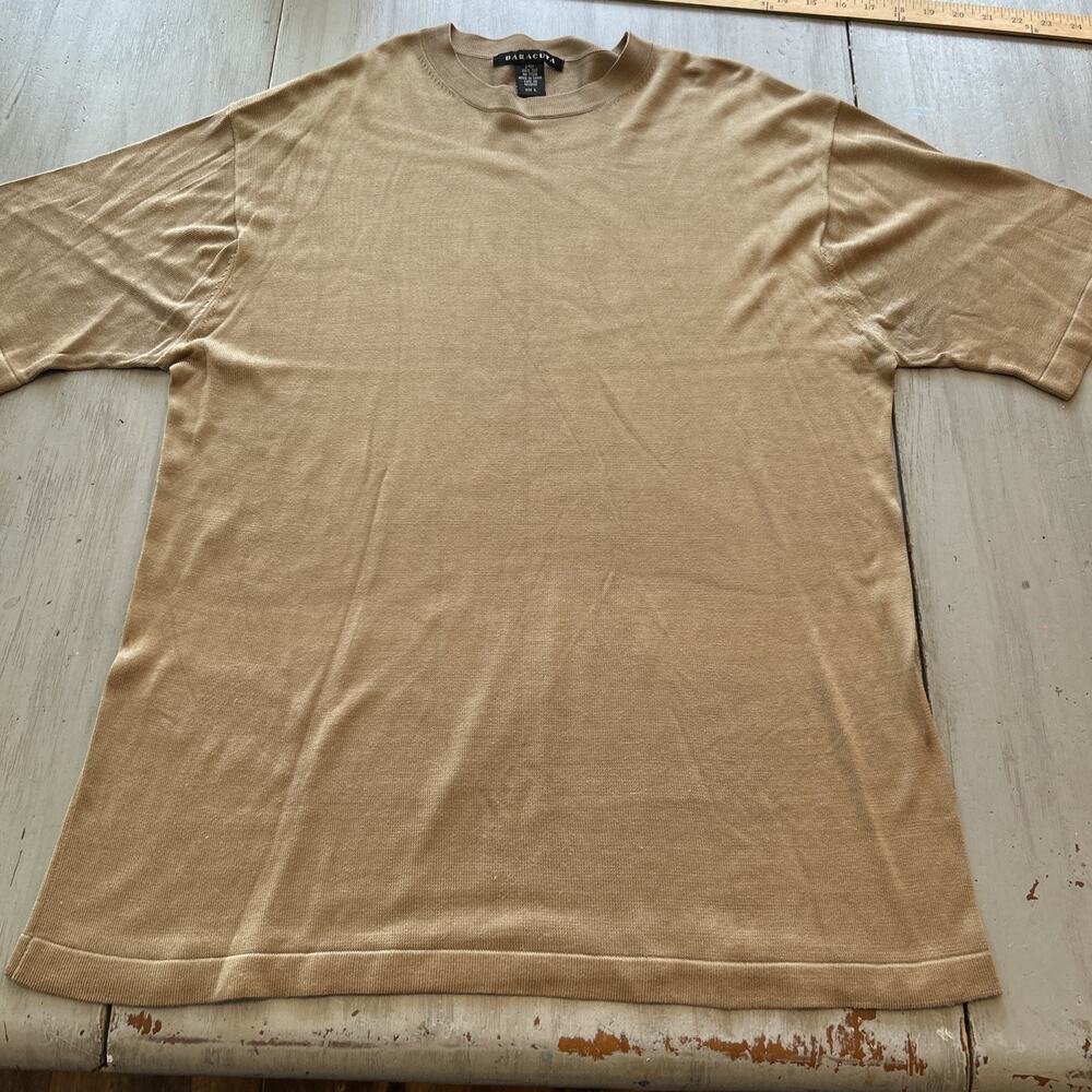 Baracuta Tan Short Sleeve Washable 2 Ply Silk Knit Classic Casual Shirt Mens L